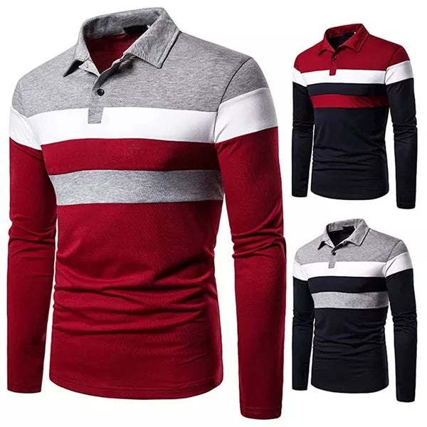 Men's Long Sleeve Contrasting Colors Polo T-shirt Casual