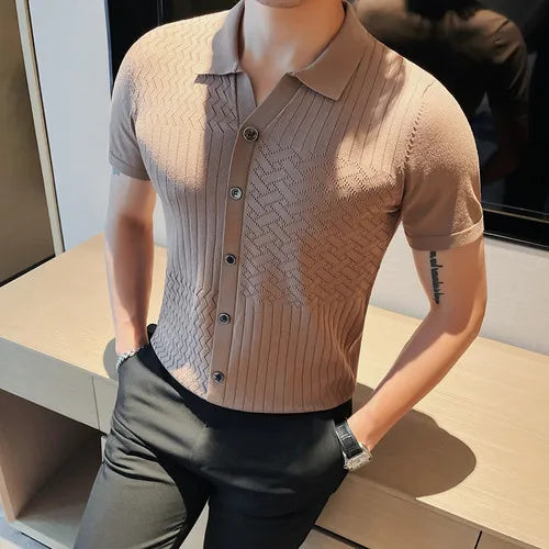 Premium Diamond Plaid Jacquard Knitted POLO Shirt Men's