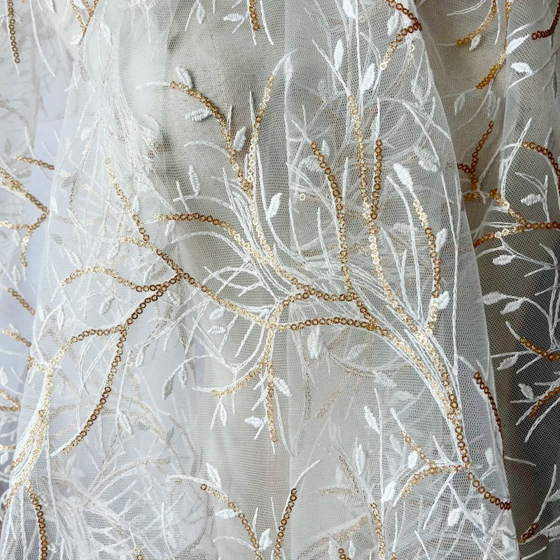 White lace Gold Beaded Embroidery Apparel Fabrics &