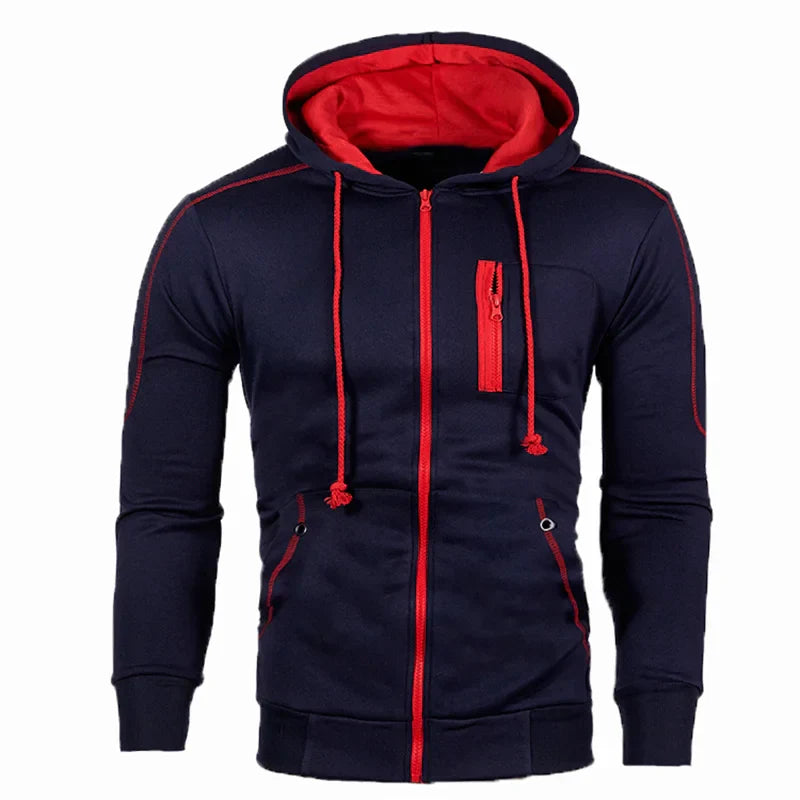 Men Striped Shoulder Decoration Three Pockets Hooded Sweatshirt