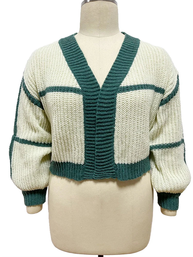 Autumn Winter Color Contrast V-neck Lady Knitting Cardigan