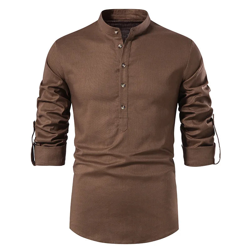 White Roll Up Mandarin Collar Dress Shirt Men