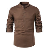 White Roll Up Mandarin Collar Dress Shirt Men
