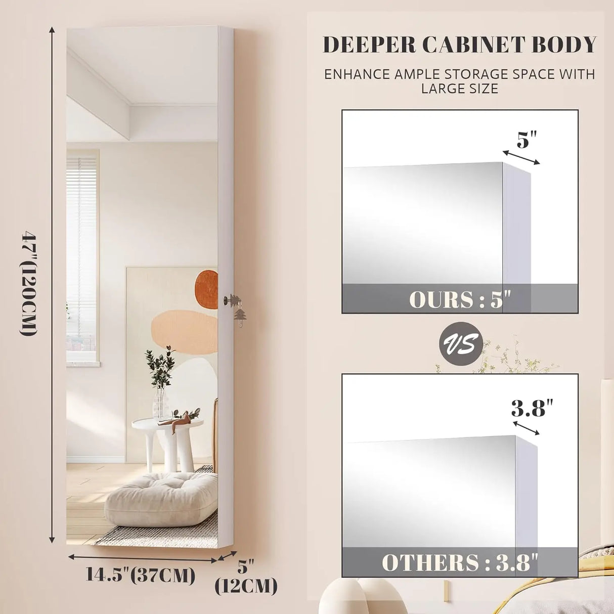 47.2" LED Jewelry Mirror Cabinet, Wall/Door Mounted Jewelry