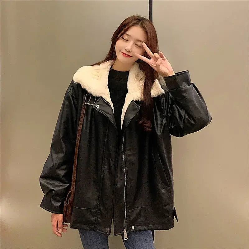 Retro Thick Warm Leather Coat Winter Woman Plush