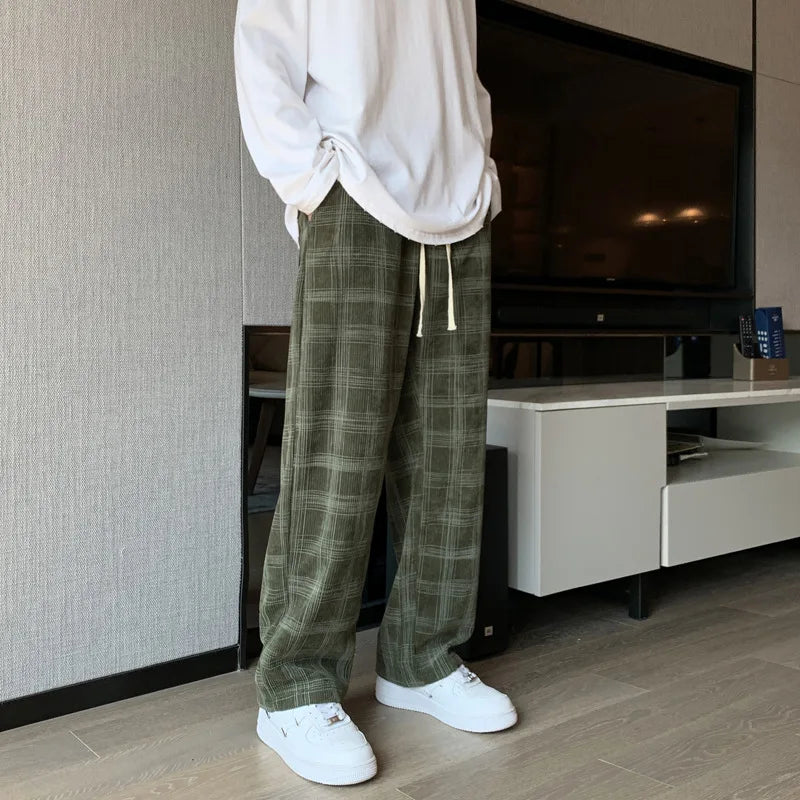 Men Checkered Casual Pants Loose Straight Corduroy Pants