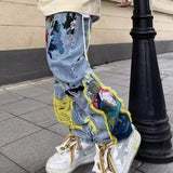 Washed Destroyed Pleated Chinese Painting Embroidered Patch Denim