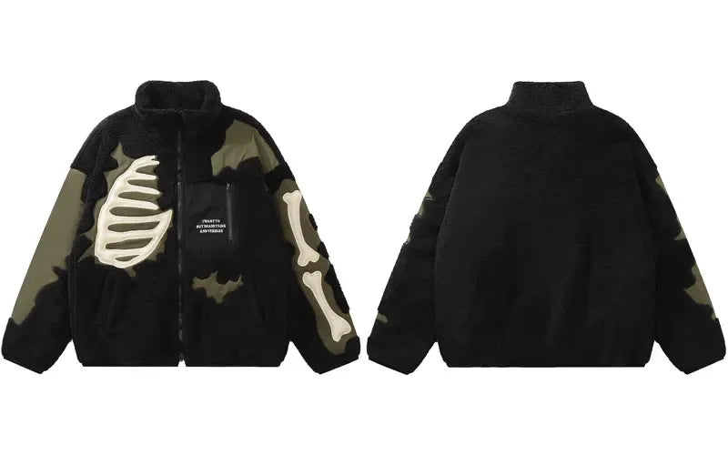 Hip Hop Fleece Warm Jacket Men Embroidery Skull