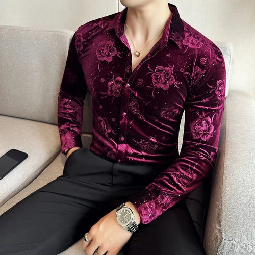 Men's Autumn Winter Velvet Flower Shirt New Luxury