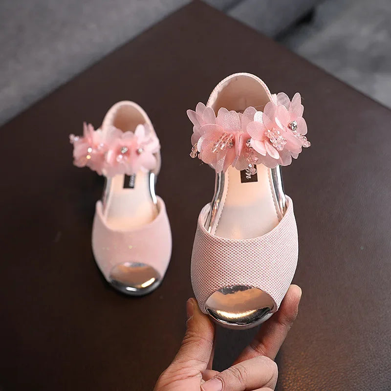 Girls Rhinestone Flower Shoes Low Heel Flower Wedding