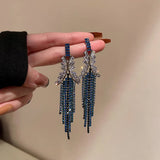 Long Retro Blue Flower Feather Tassel Dangle Earrings