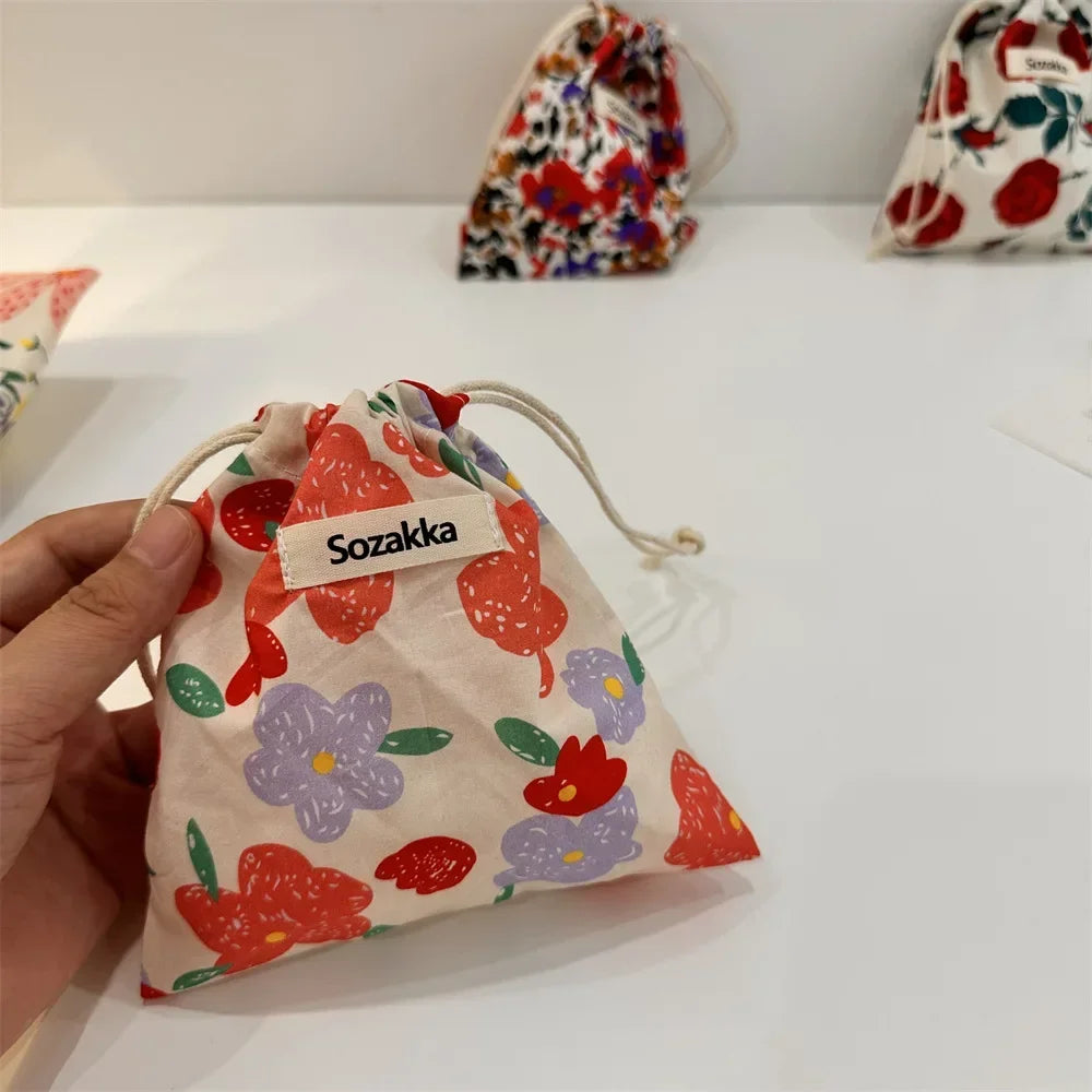 Cotton Fabric Floral Small Drawstring Bags Lipstick Toiletry Makeup Organizer Coin Pocket Bags Purse Keys Earphone Storage Bag