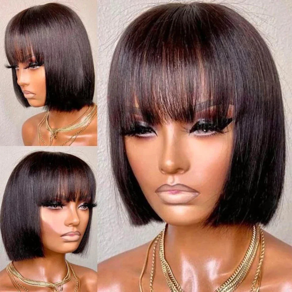 Brazilian Human Hair Wig with Bangs Remy Straight