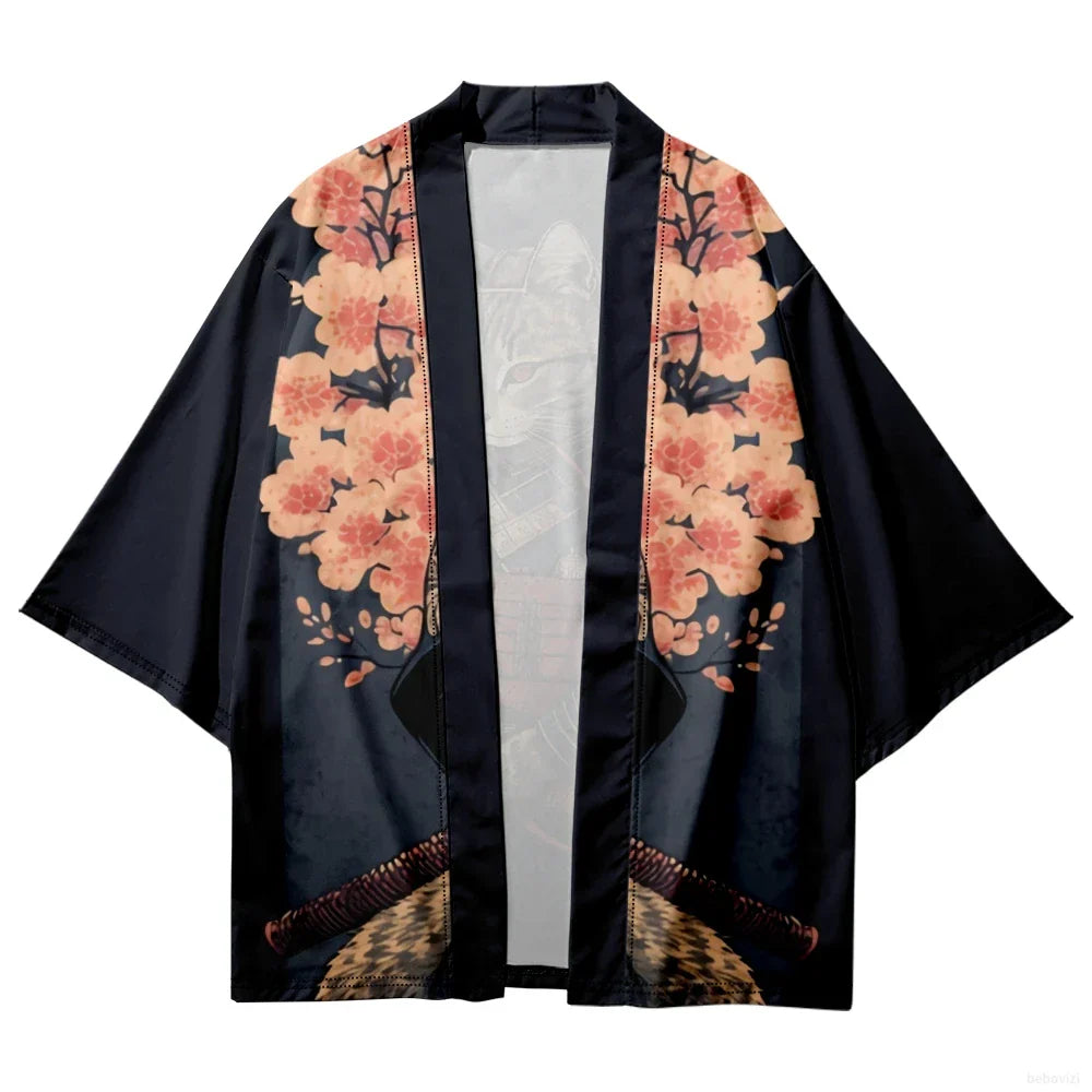 Plus Size Japanese Sakura Cat Samurai Print Kimono