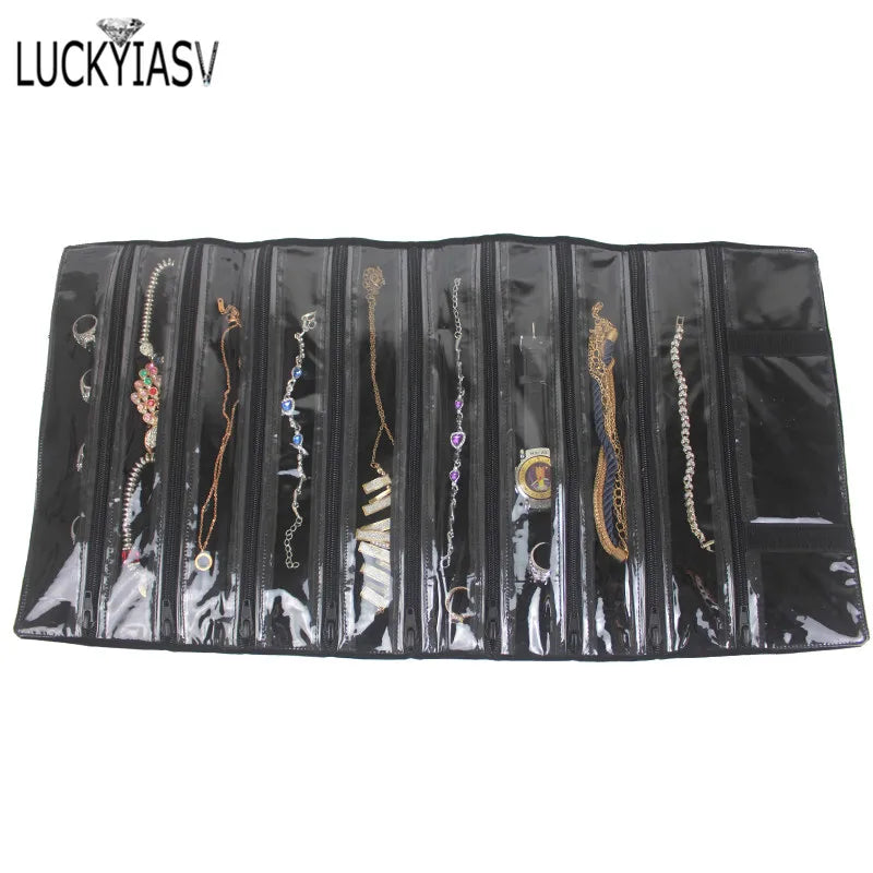 Fashion Black Velvet Zipper Jewelry Roll Bag