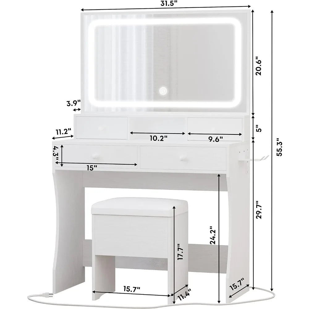 Vanity Desk with LED Lighted Mirror & Power