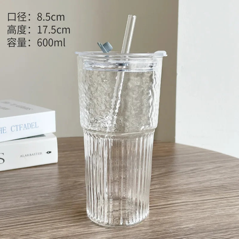 2pcs 600ml Stripe Glass Cup with Lid and