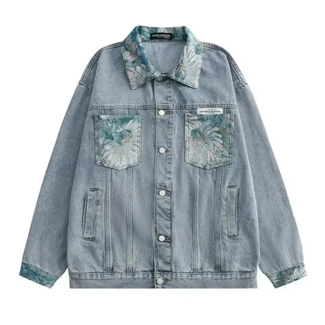 Full Flowers Jacquard Denim Jacket Men Korean Fashion