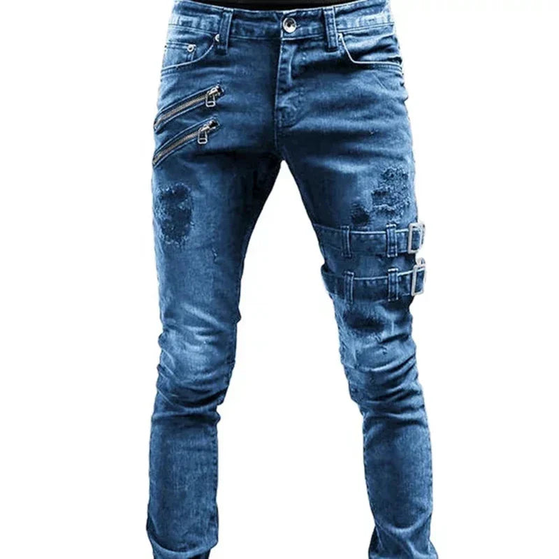 Men Slim Biker Ripped Long Denim Trousers Skinny