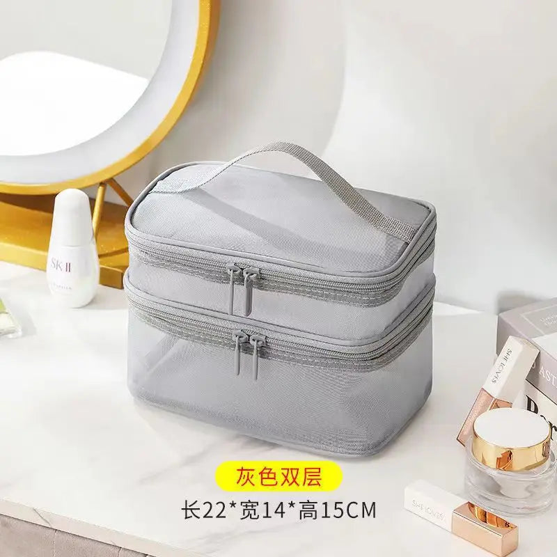 Large capacity mesh cloth makeup bag travel essentials cosmetics Organizer Women toiletry bag Double layer design cosmetic bag