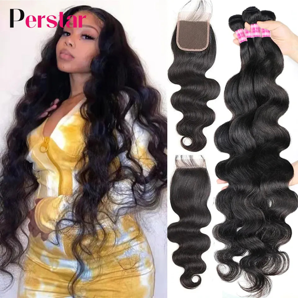 Perstar Human Hair Bundles With Closure Brazilian Body