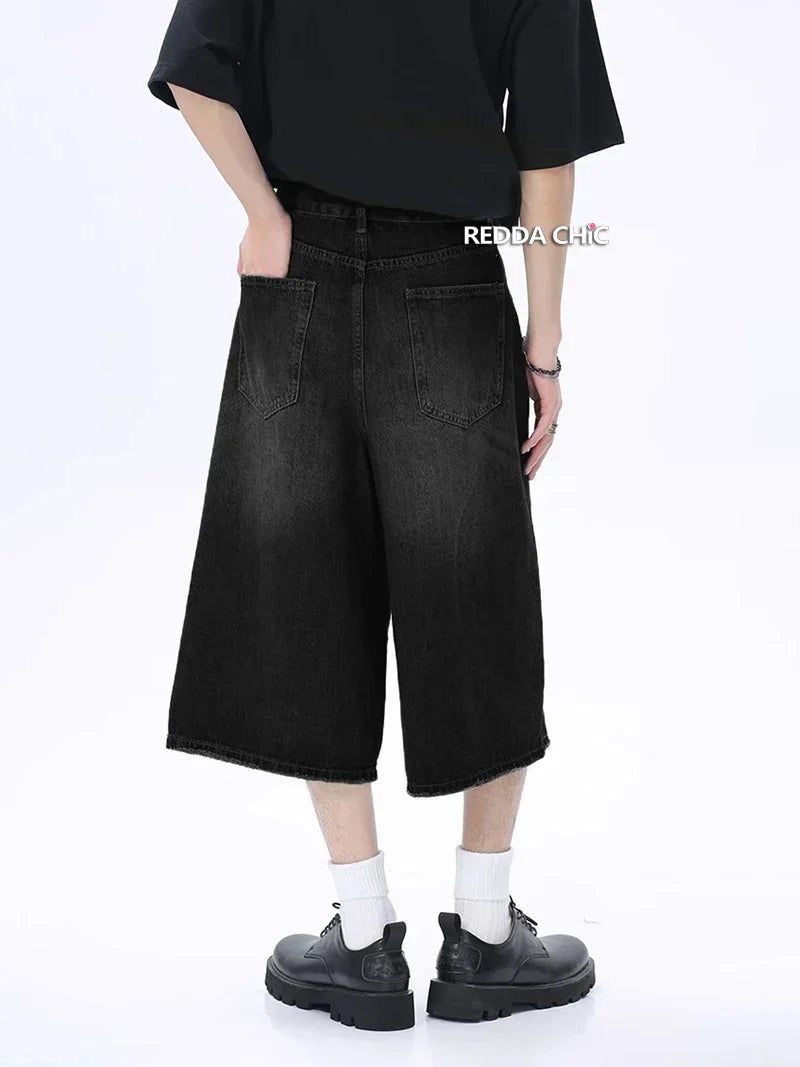 REDDACHIC Hiphop Men Whiskers Denim Shorts Baggy Jorts