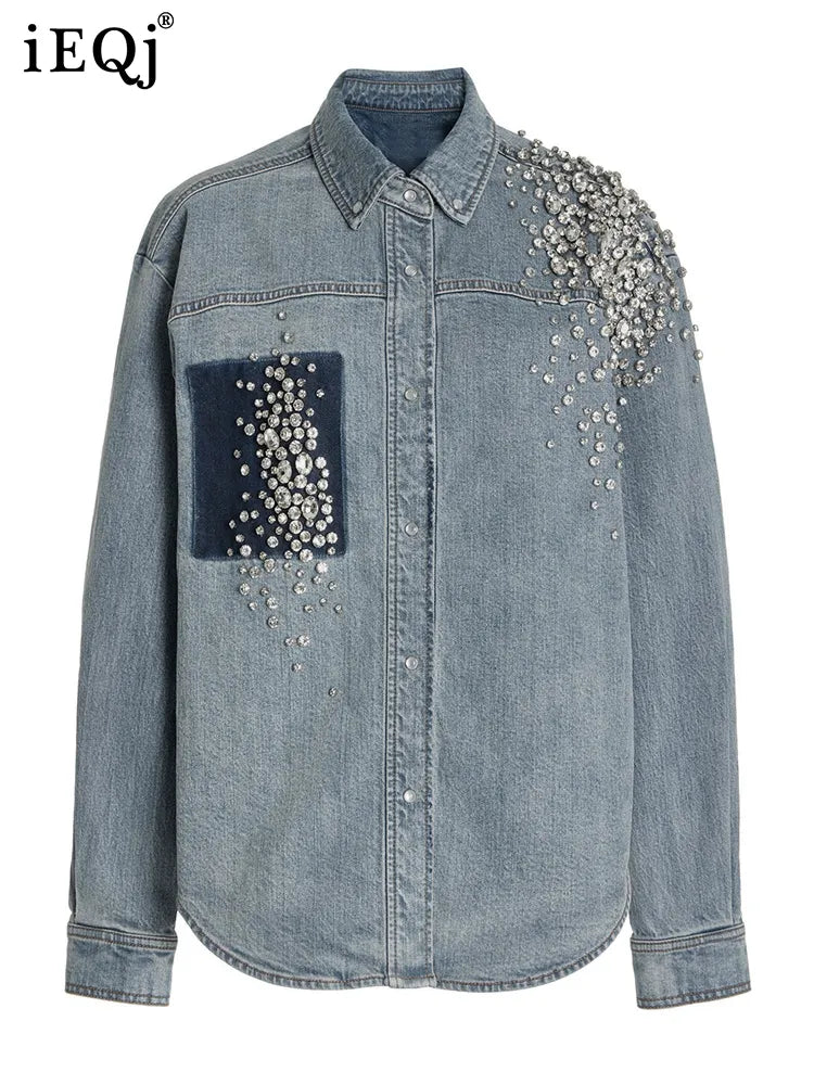IEQJ Diamonds Patchwork Denim Jackets For Women Lapel