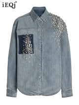 IEQJ Diamonds Patchwork Denim Jackets For Women Lapel