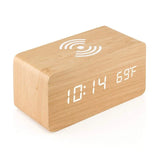 Voice Control Wooden Digital Alarm Clock Wireless Charging