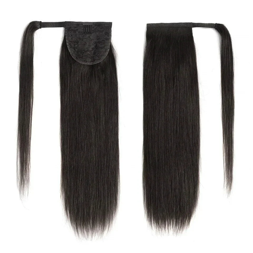 CATWO Ponytail Human Hair Wrap Around Bone Straight