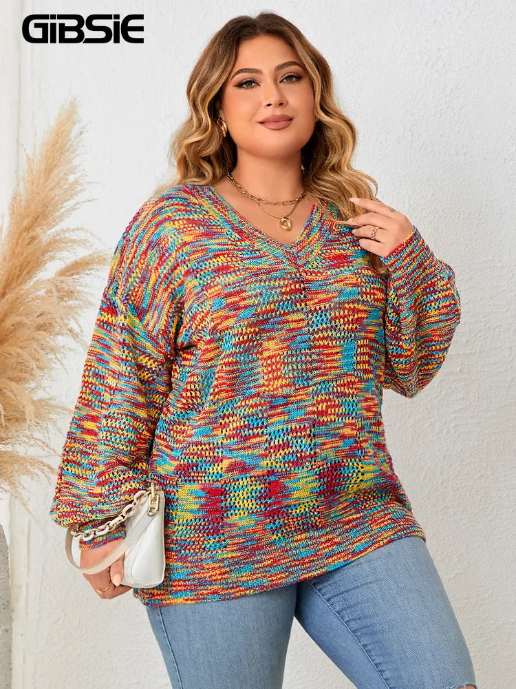 GIBSIE Plus Size Lantern Sleeve V Neck rainbow