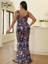 Missord Blue Floral Sequin Plus Size Wedding Party