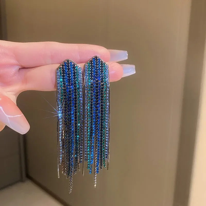 Exaggerated Blue Rhinestone Crystal Geometric Flower Long Tassel