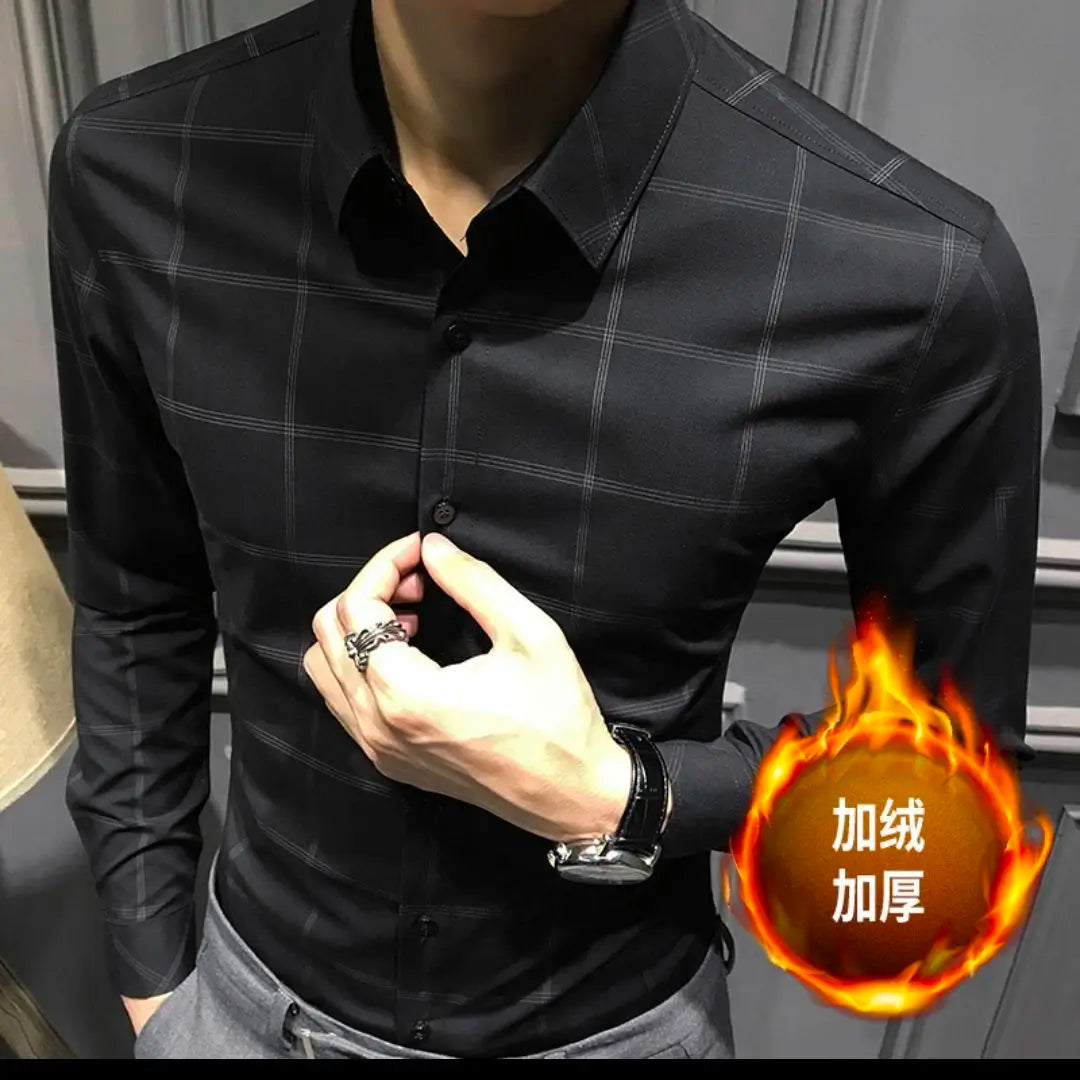 Spring Autumn Polo-neck Plaid Printed Bottoming Shirt Male