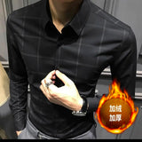 Spring Autumn Polo-neck Plaid Printed Bottoming Shirt Male