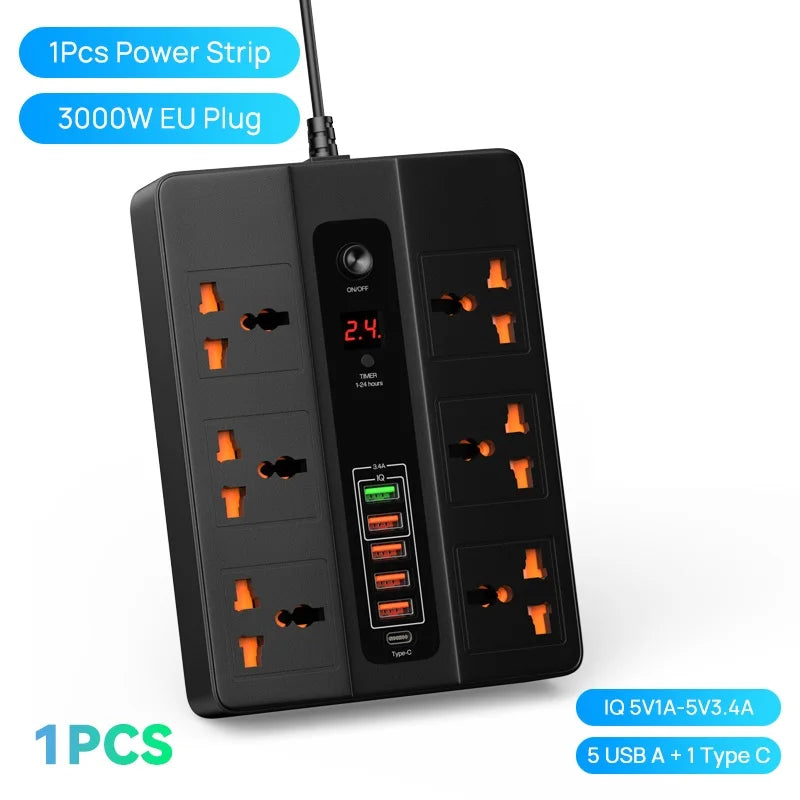 3000W 6 AC Outlets Power Strip 20W PD