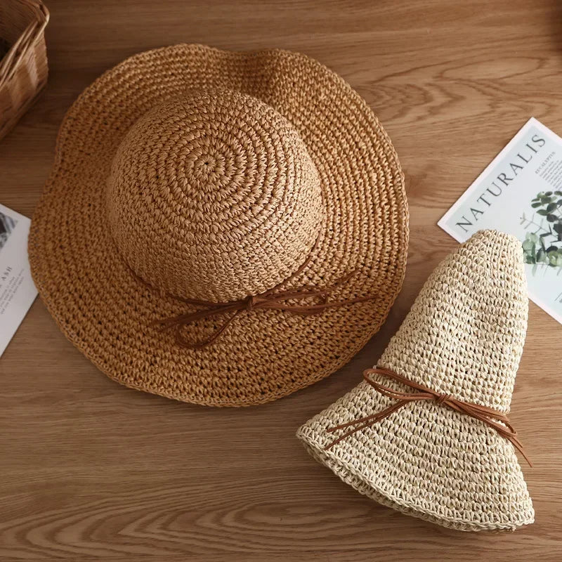 Beach Straw Women Foldable Bucket Simple Solid Color