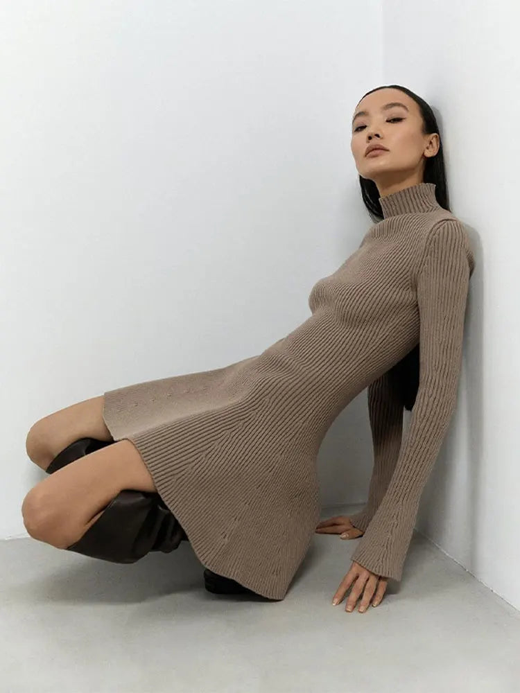 Ribbed Knitted Long Flare Sleeved Mini Dress Half