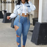 Plus Size Street Asymmetrical Cut Hole Stretchy Skinny