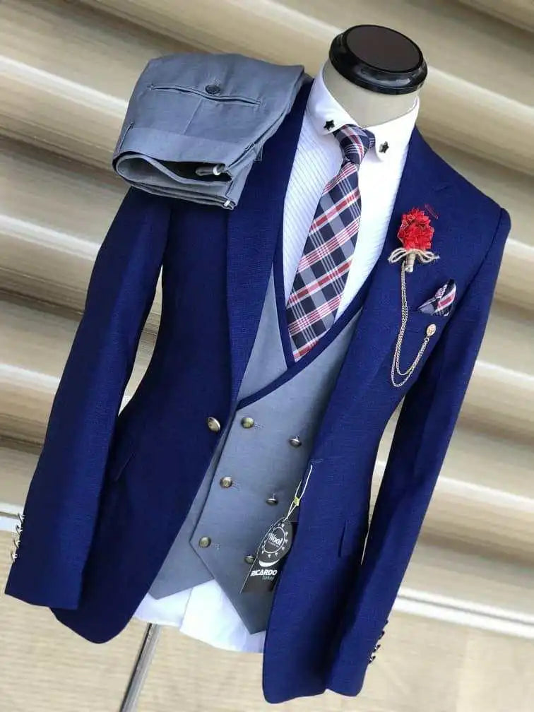 Blue Business Suits for Men Wedding Groom Notch