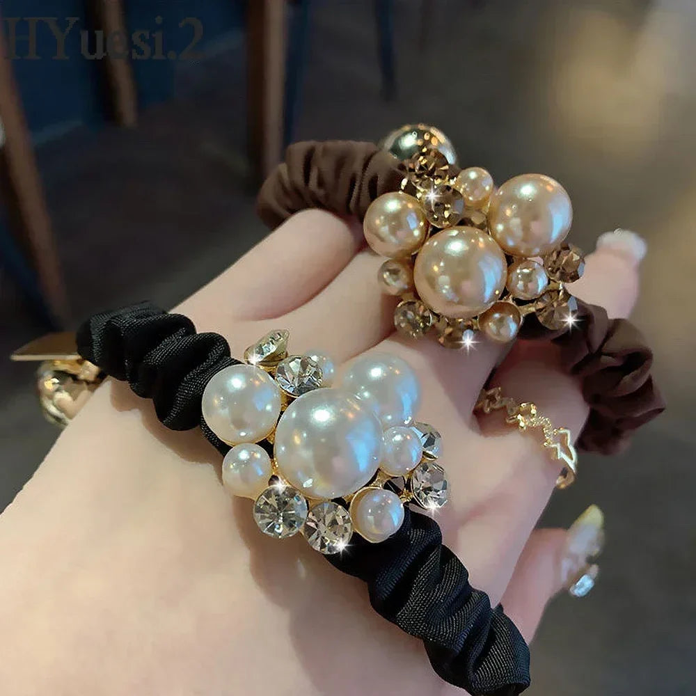 Luxury Rhinestone Pearl Hair Ties Ropes Women Girls