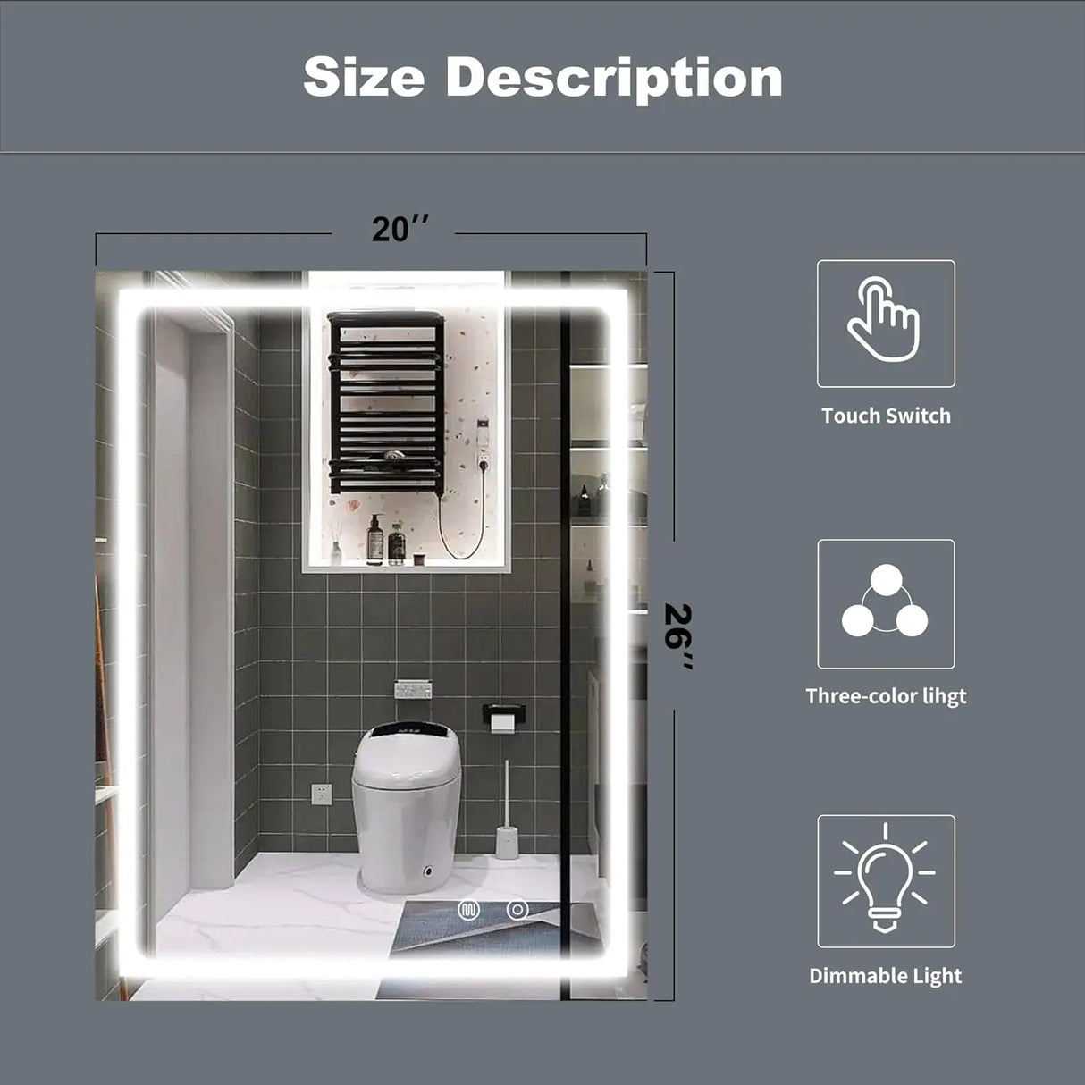 20x26 Dimmable LED Bathroom Mirror with Anti-Fog