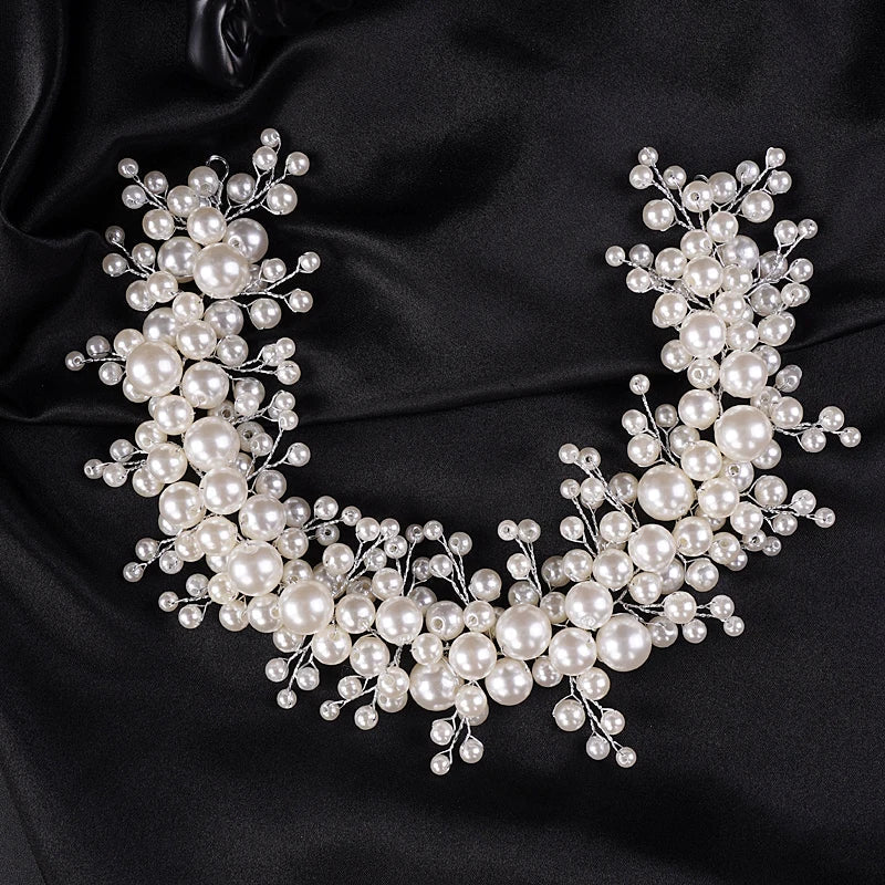 Fashion Bride Large Pearls Wedding Headband Silver Bridal