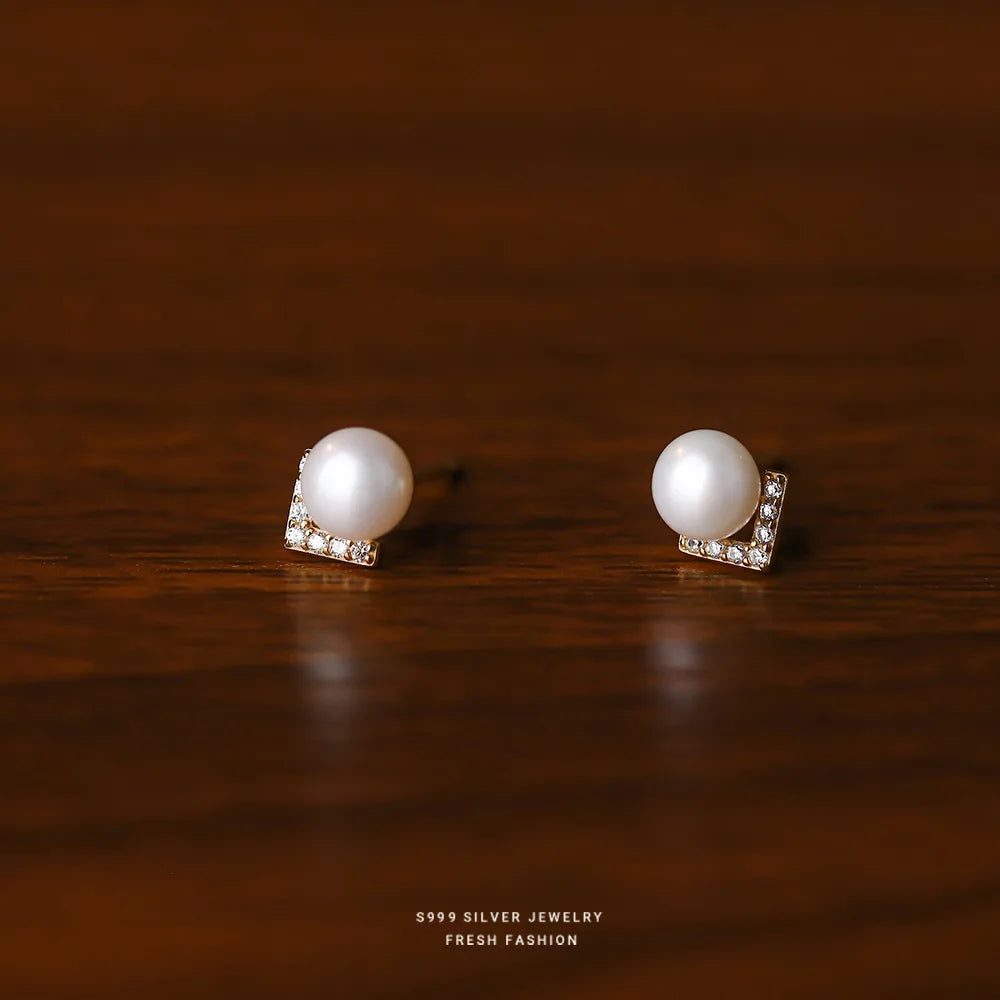 999 Sterling Silver V-shaped Inlaid Zircon Natural Pearls