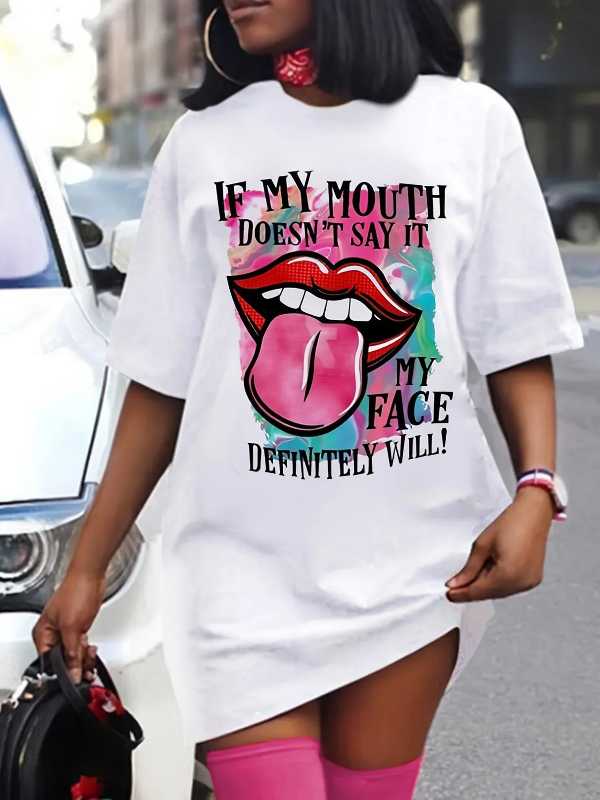 Plus Size Lips Print Mini Tee Dress, Short