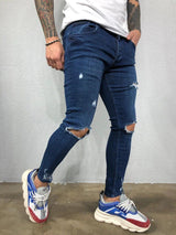 Distressed Knee Holes Elastic Skinny Jeans Men Ripped