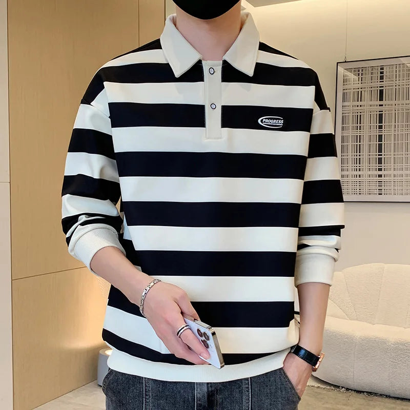 Commute Basic Striped T-shirts Spring Autumn Polo-Neck Button