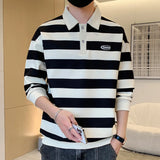 Commute Basic Striped T-shirts Spring Autumn Polo-Neck Button