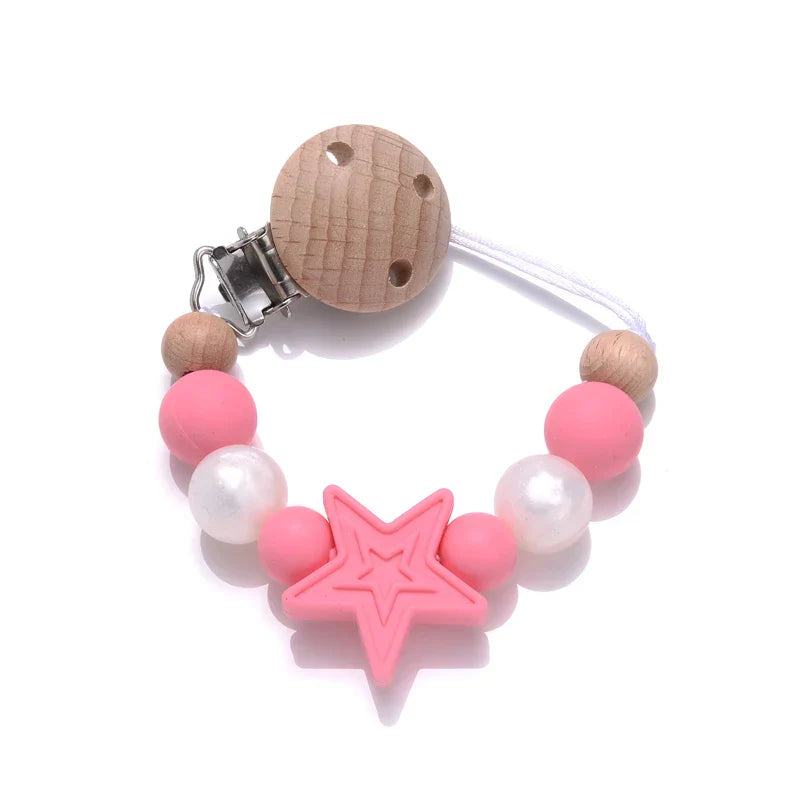 Baby Pentagram Silicone Beads Pacifier Chain Wooden Teether