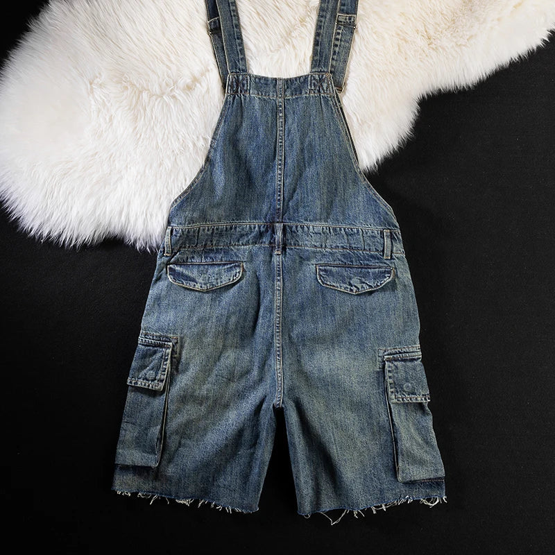 Men Denim Bib Overalls Shorts Summer Multi Pockets